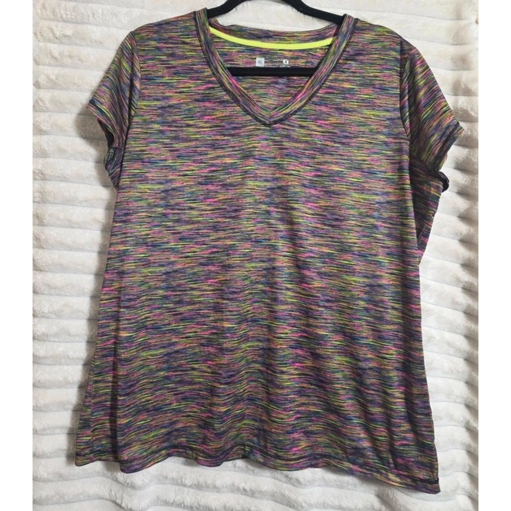 Xersion Womens XL Space Dye V-Neck Active Top Multi Color Short Sleeve Shirt